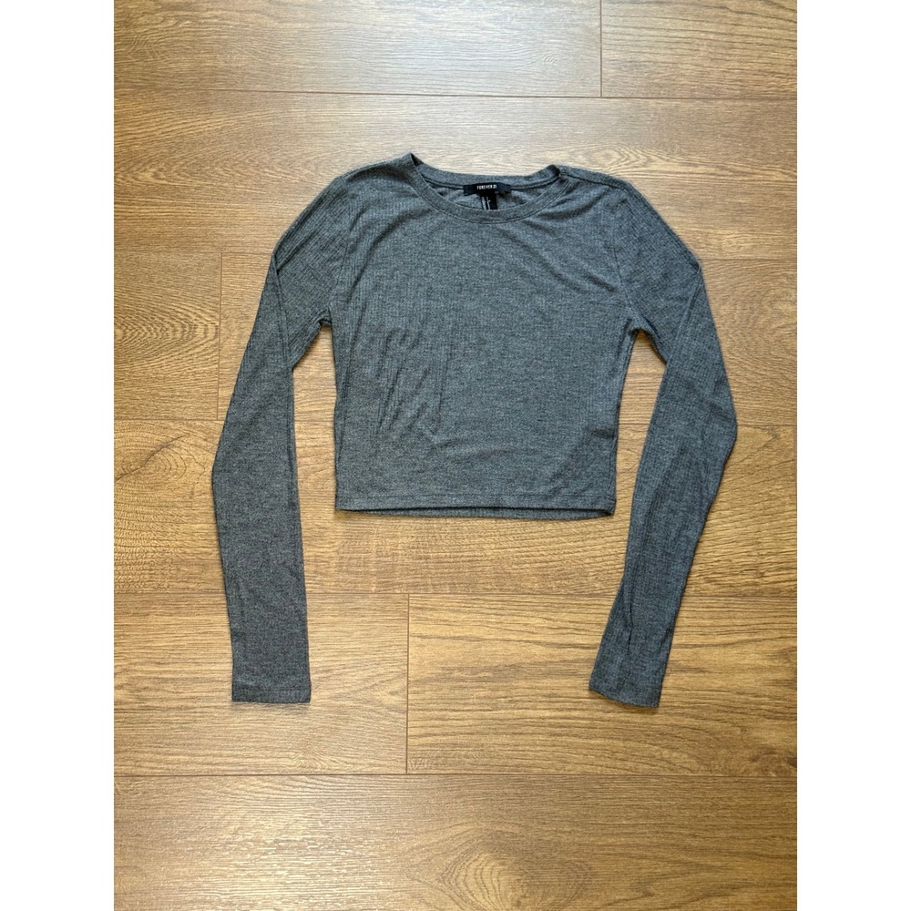 Forever 21 Heather Grey Ribbed Long Sleeve Crew Neck Crop Top Small